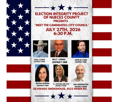 Flyer for Nueces County City Council candidate meet event in 2026.