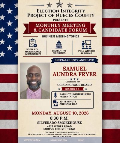 Flyer for a monthly meeting and candidate forum featuring Samuel Aundra Fryer.