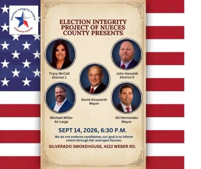 Poster for Nueces County Election Integrity Project with candidate photos and event details.