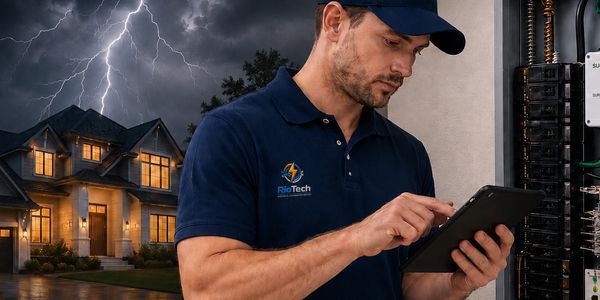 Electrician checks electrical panel during a storm at night.