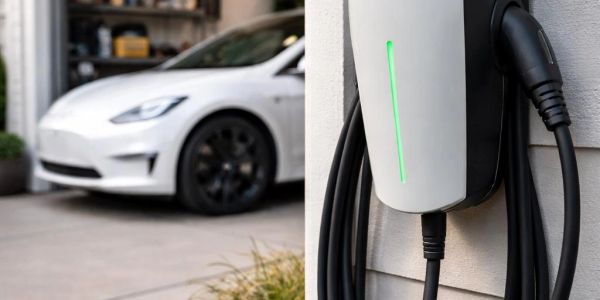 White electric car parked near a wall-mounted EV charger with a green light.