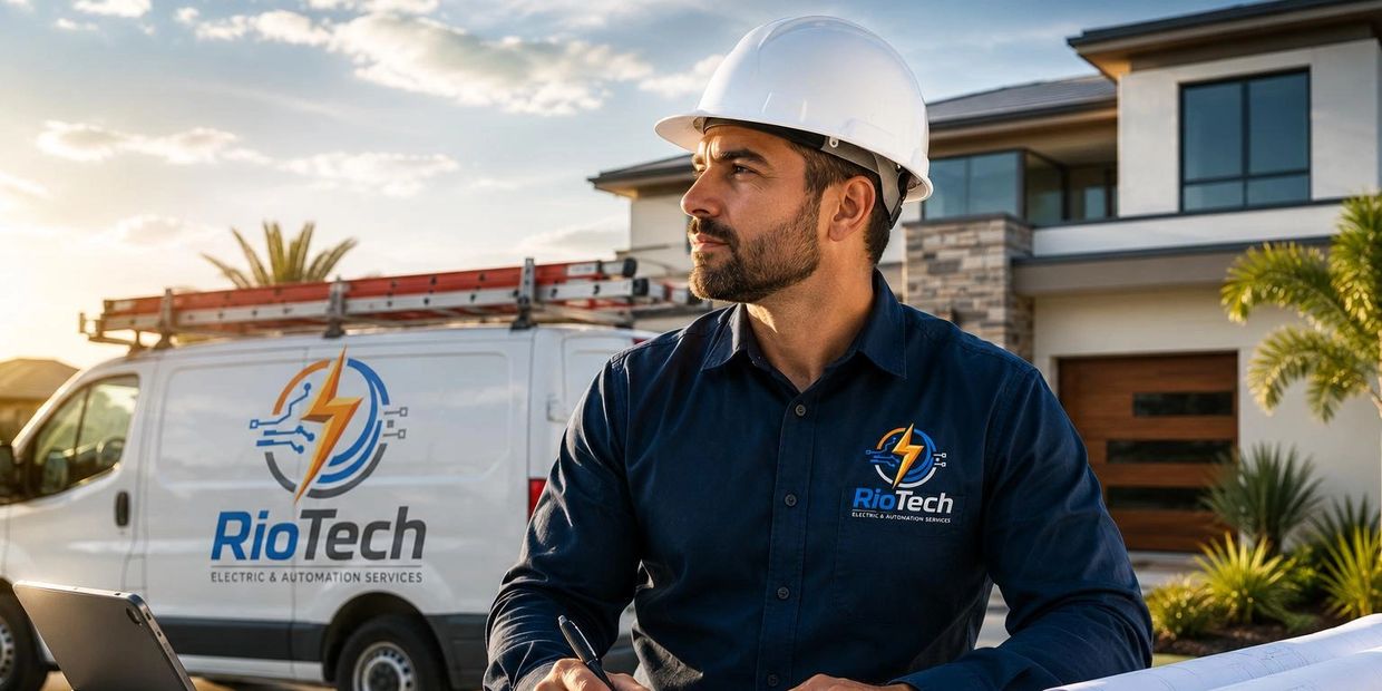 Electrician in uniform and hard hat working outside a modern home with branded RioTech van.