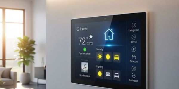 Smart home control panel displaying security and lighting settings.
