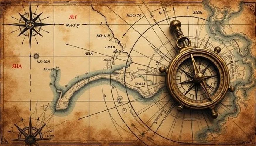 Vintage compass on an old nautical map with directional lines and labels.