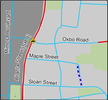Map showing Mimosa Boulevard and nearby streets.