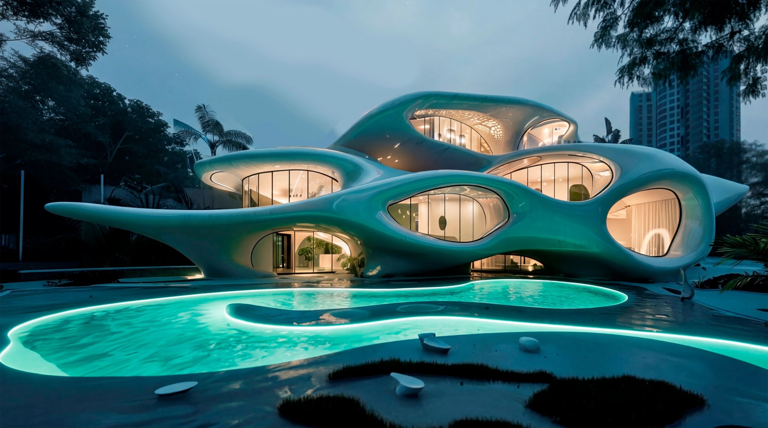Futuristic house with organic curves and illuminated pool.