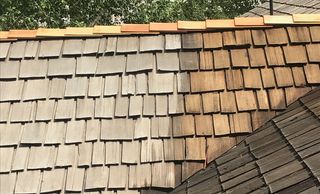 A cedar roof after being pressure washed.  Appropriate pressure washing removes graying and moss
