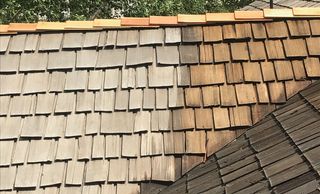 A cedar roof after being pressure washed.  Appropriate pressure washing removes graying and moss
