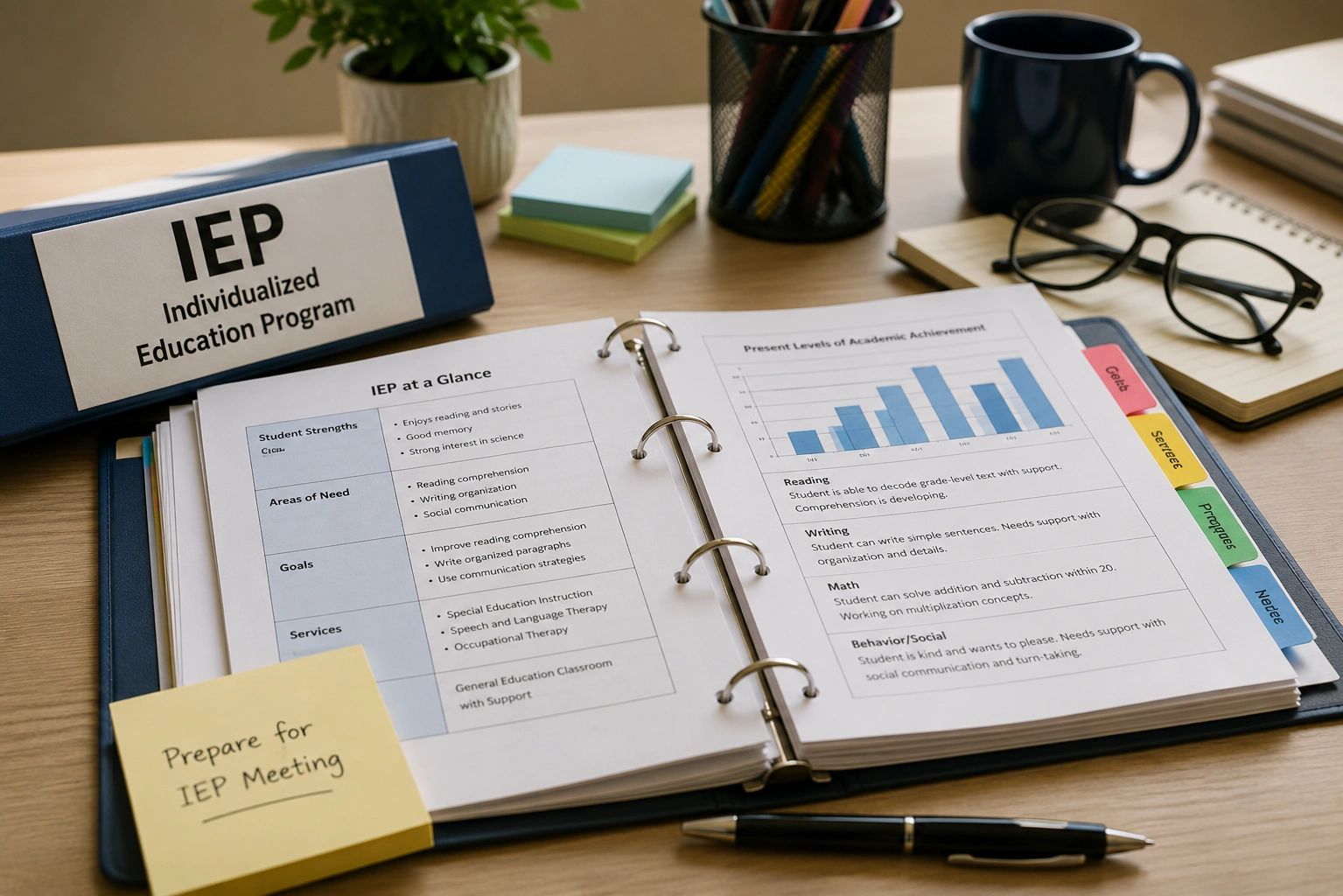 Open IEP binder on desk with notes and glasses.