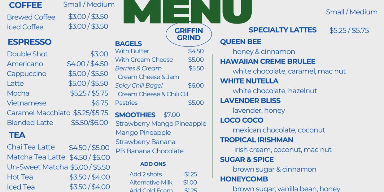 Coffee shop menu with drinks, bagels, smoothies, and specialty lattes.
