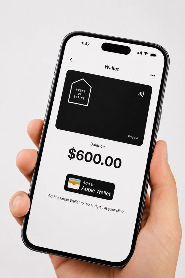 Hand holding phone showing $600 balance in digital wallet.