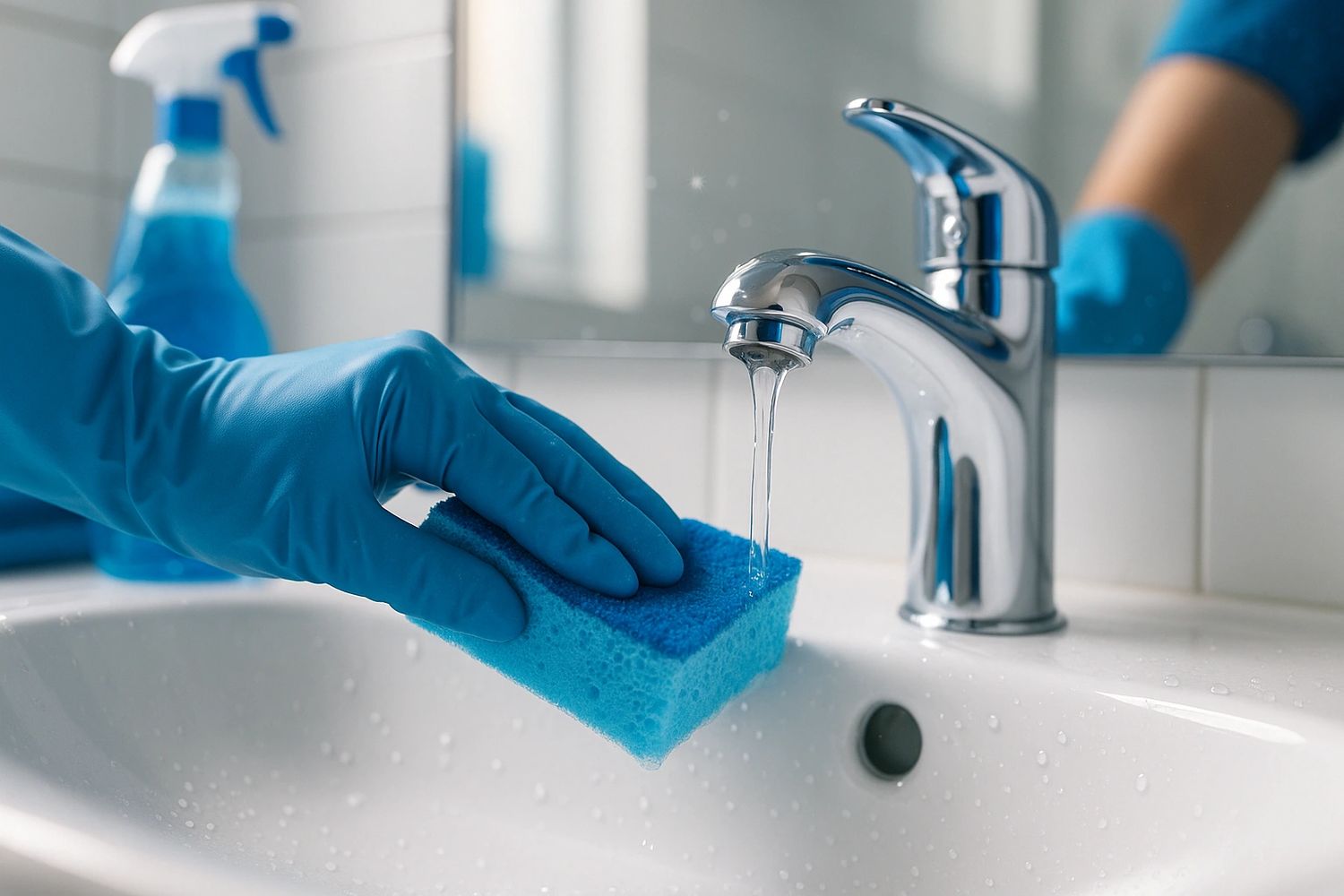 Hand with blue glove cleaning a white sink with a blue sponge.