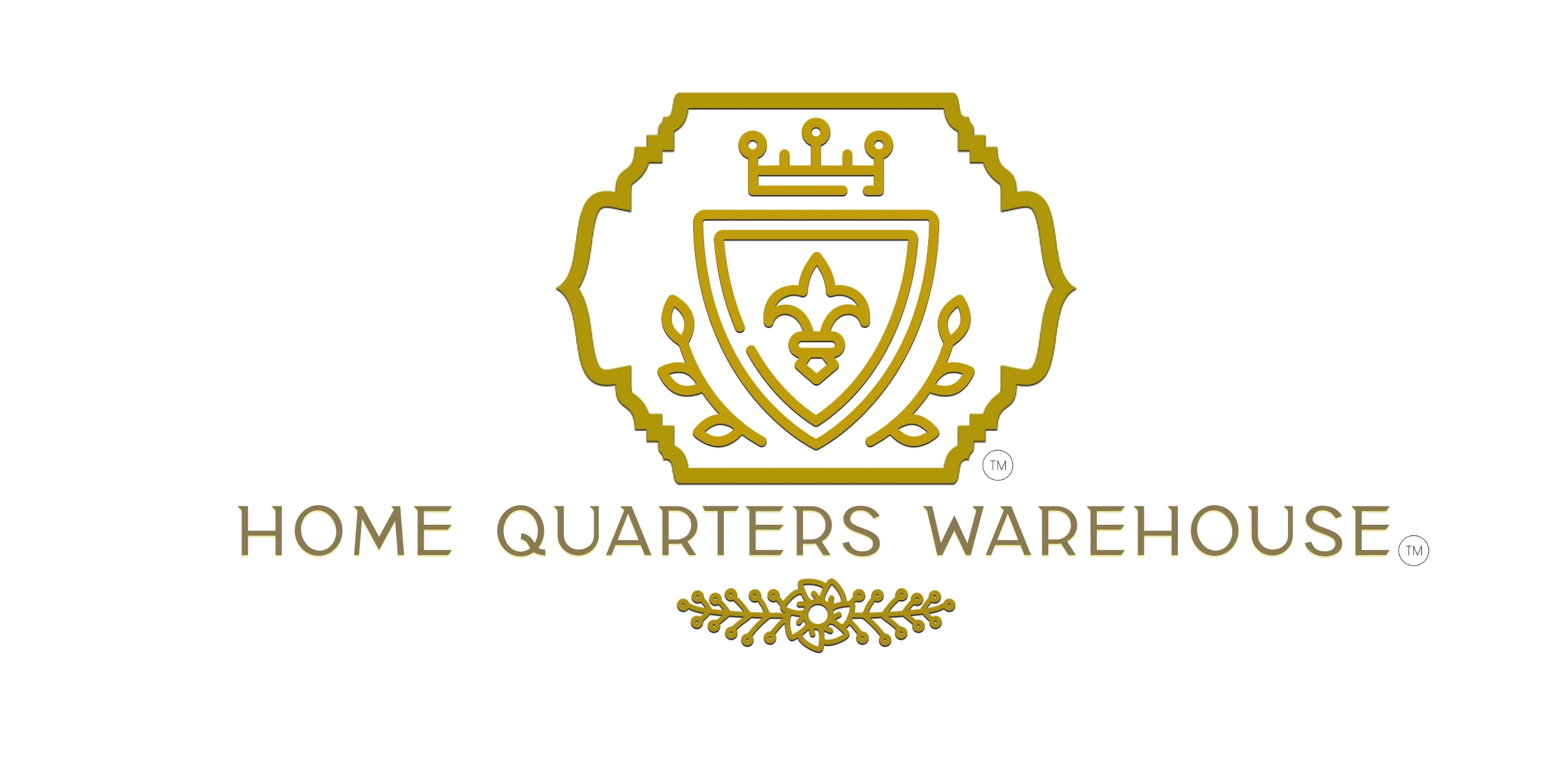 Elegant gold logo with crown, shield, and floral elements for Home Quarters Warehouse.