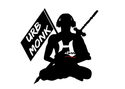 Silhouette of a monk meditating with a flag that reads 'URB MONK'.