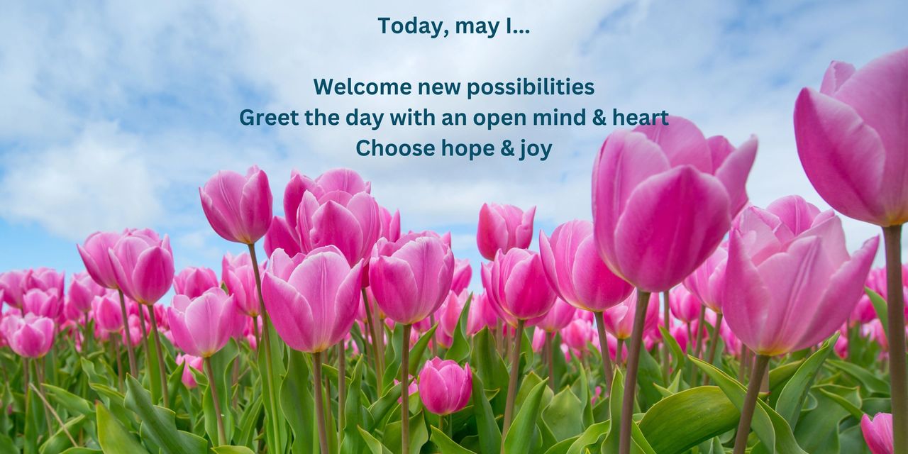 Pink tulips in the background. Today, may I welcome new possibilities, greet the day with an open mind & heart, and choose hope & joy
