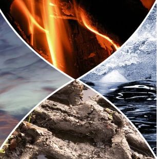 Square image divided into four triangular quadrants, each showing one of the following elements: earth, wind, fire, and water.