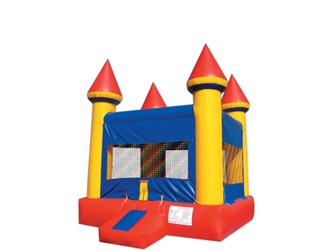 Colorful inflatable bounce house with four pointed towers.