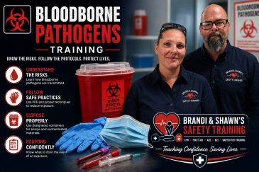 Bloodborne pathogens safety training with protective equipment and instructors.