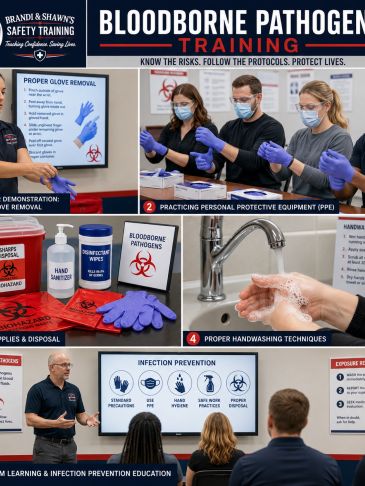 Bloodborne pathogen safety training focusing on glove removal, PPE, handwashing, and infection prevention.