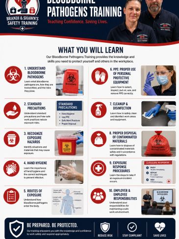 Bloodborne Pathogens Training poster with key safety steps and images.