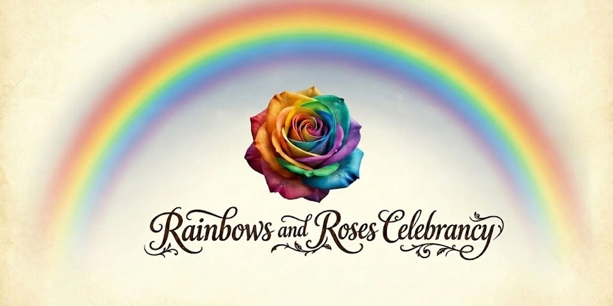 Rainbow and multicolored rose with celebratory text.