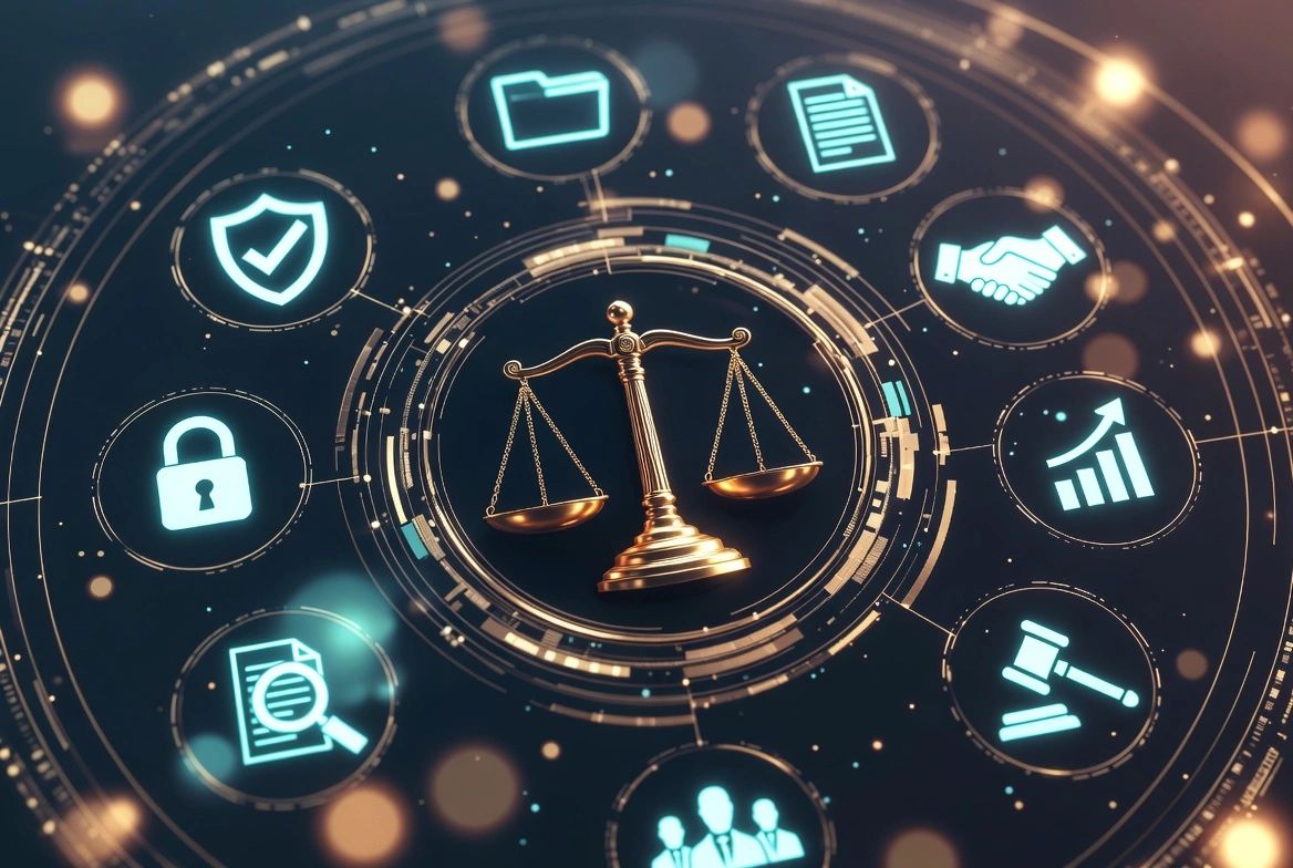 Golden scales of justice surrounded by legal and security icons in a digital interface.