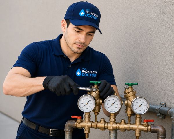 Technician from The Backflow Doctor inspecting pressure gauges on valves.