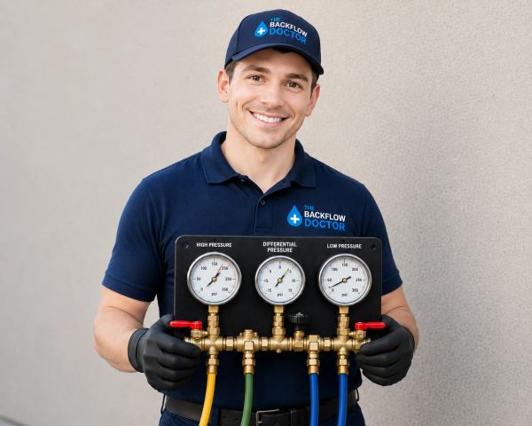 Smiling technician holding a pressure gauge panel, wearing branded uniform and gloves.