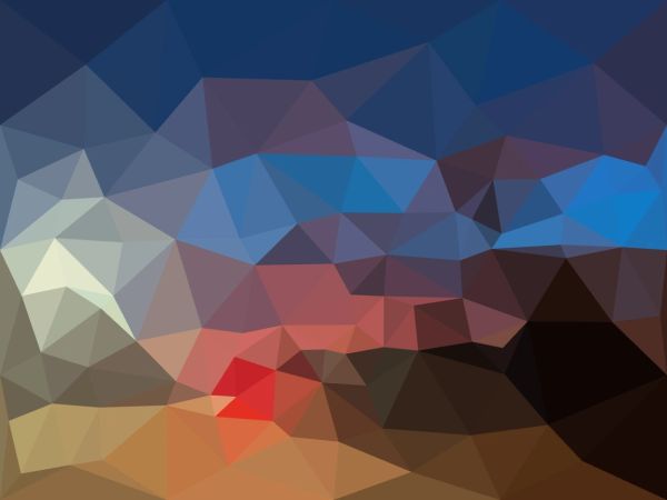 Abstract polygonal art with blue, red, and brown hues.
