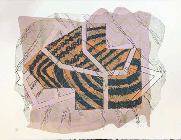 Abstract art with geometric shapes and textured patterns in earthy tones.