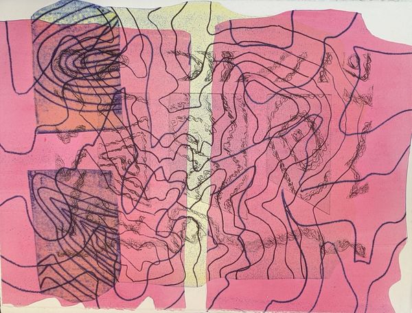 Abstract artwork with pink background and black swirling lines.