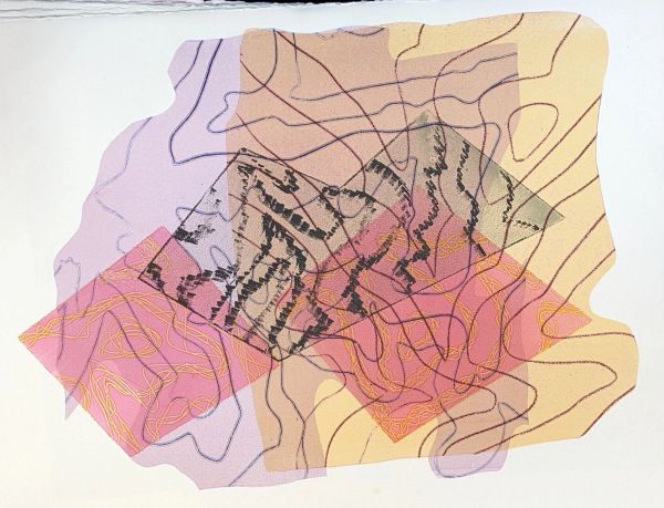 Abstract art with overlapping translucent shapes and contour lines.