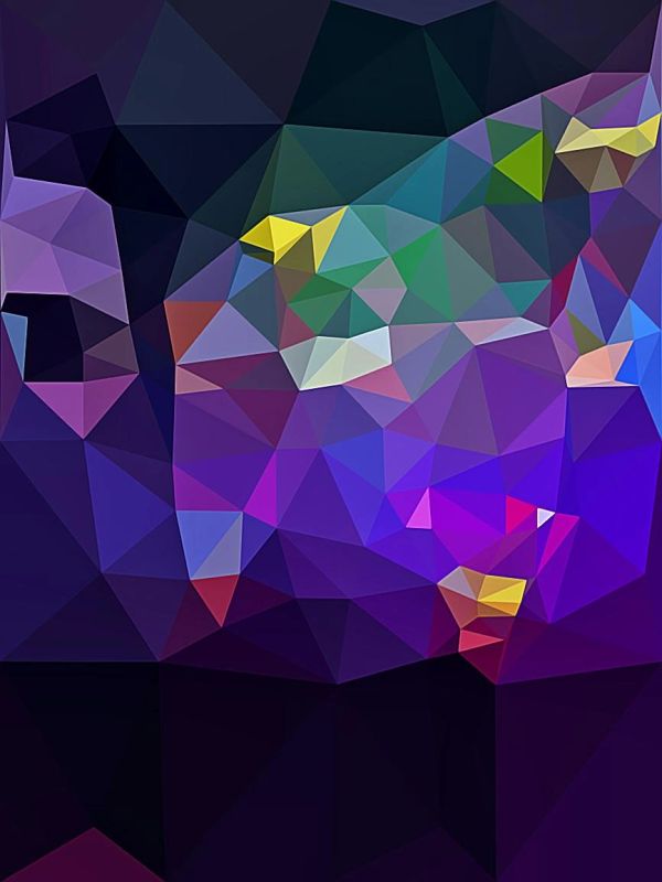 Abstract geometric artwork with vibrant purple, blue, green, and yellow polygons.