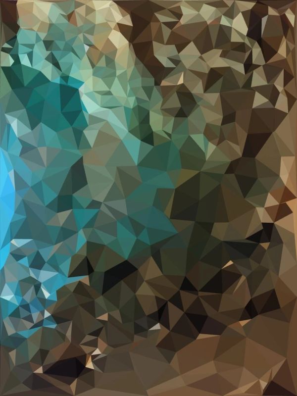Abstract polygonal art with blue, green, and brown hues.