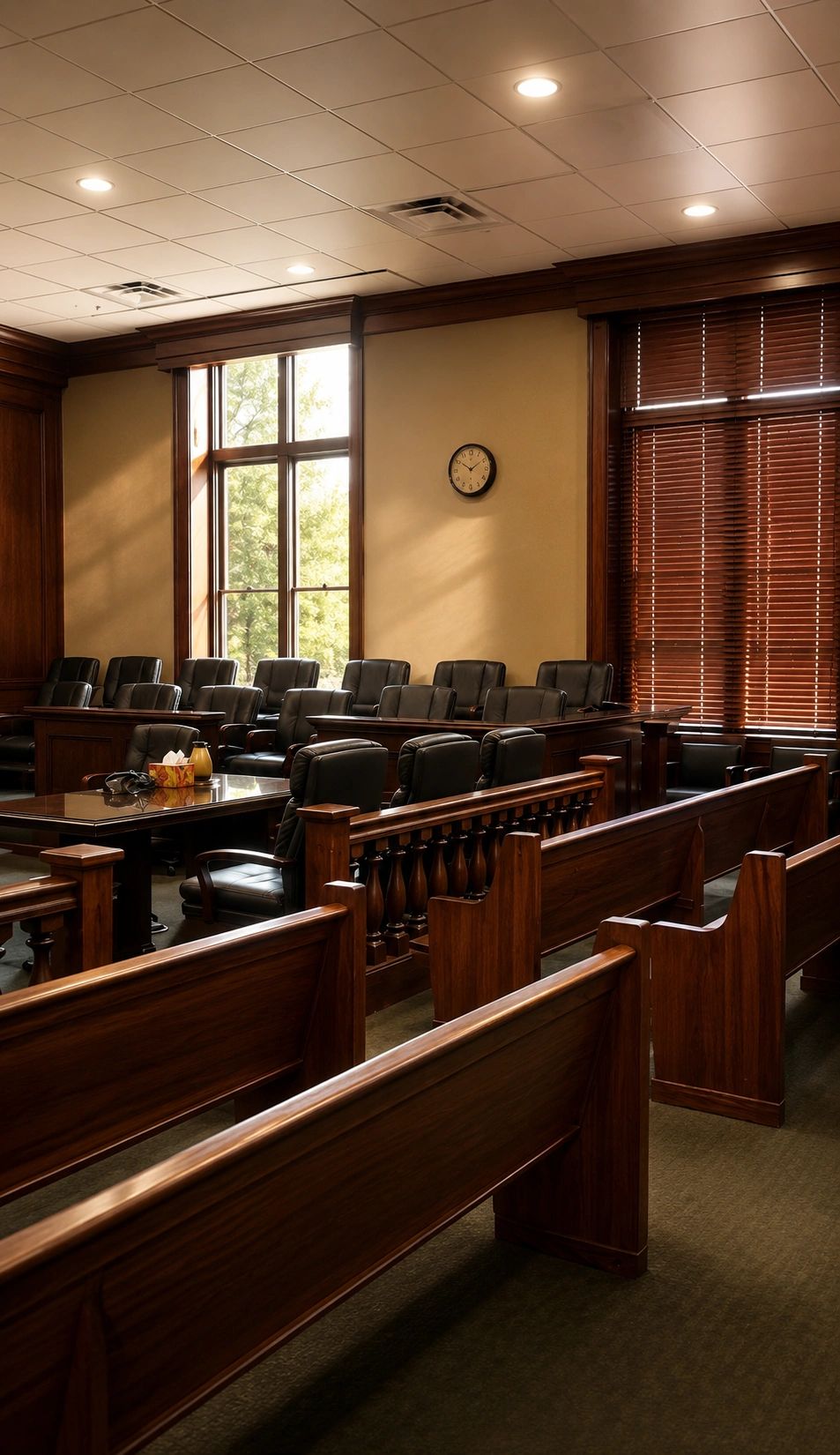Empty courtroom with wooden benches and leather chairs.