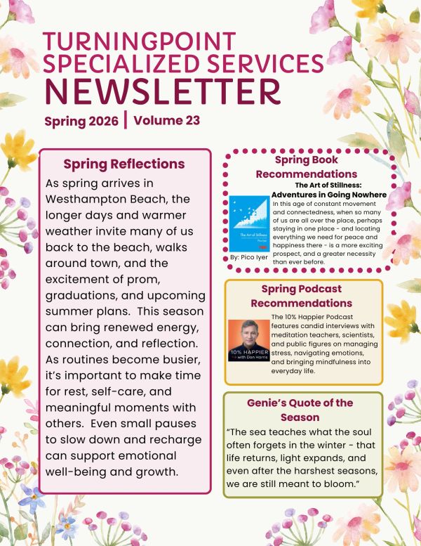 Spring 2026 newsletter with reflections, book and podcast recommendations, and an inspirational seasonal quote.