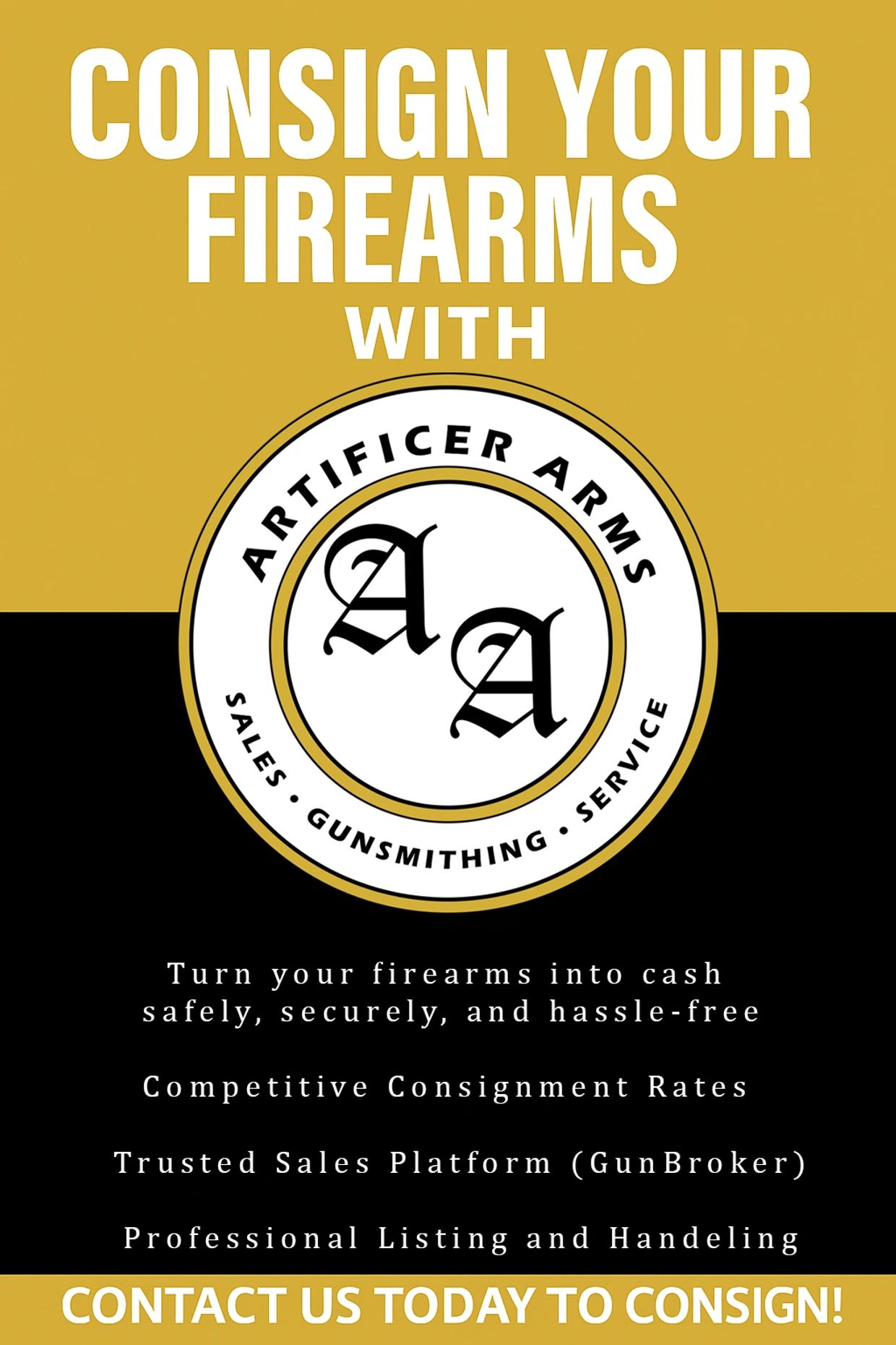 Consign your firearms safely and securely with Artificer Arms.
