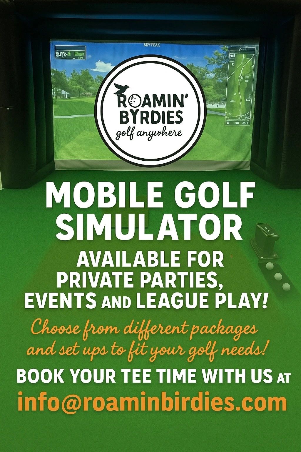 Mobile golf simulator available for private parties, events, and league play with customizable packages.