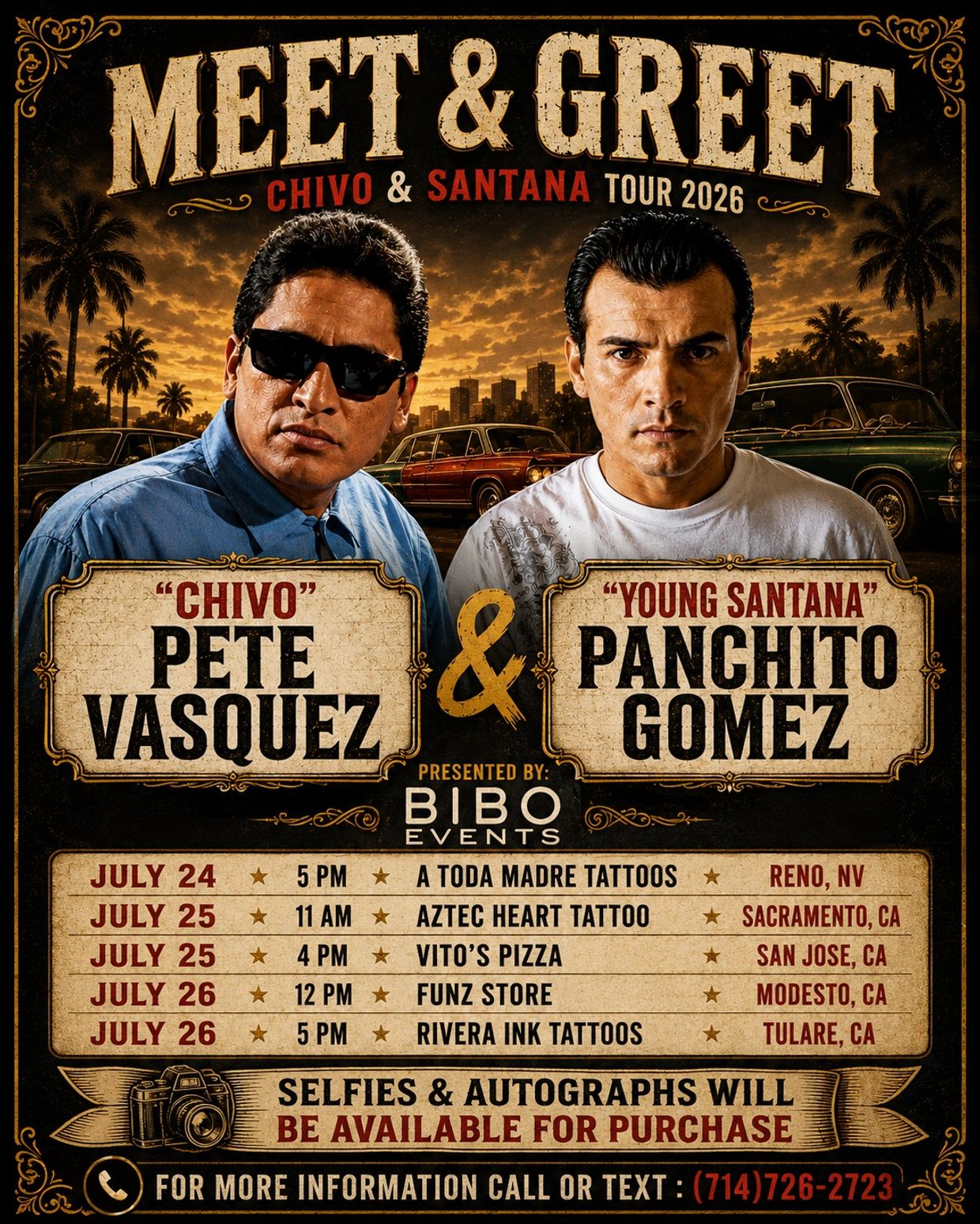 Meet &amp; Greet tour poster featuring Chivo &amp; Santana in 2026.