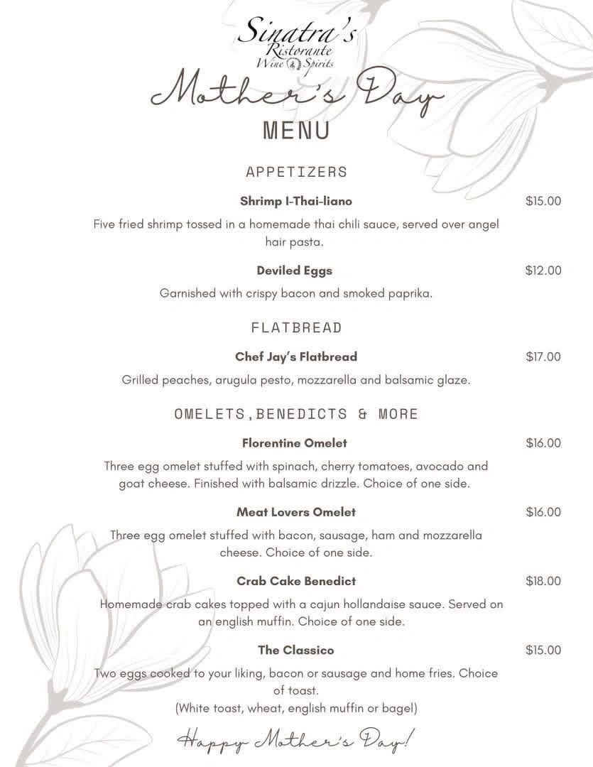 Mother's Day menu at Sinatra's with appetizers, flatbread, and omelets.