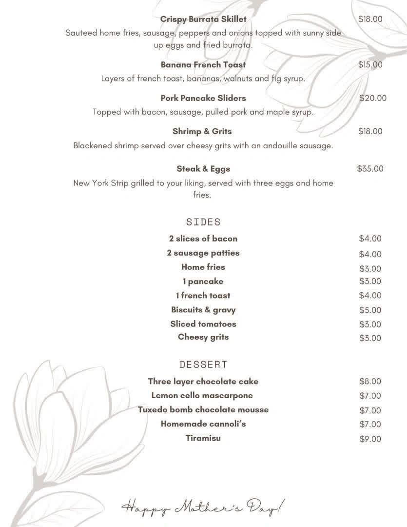 Mother's Day brunch menu featuring skillet, sliders, steak, sides, and desserts.