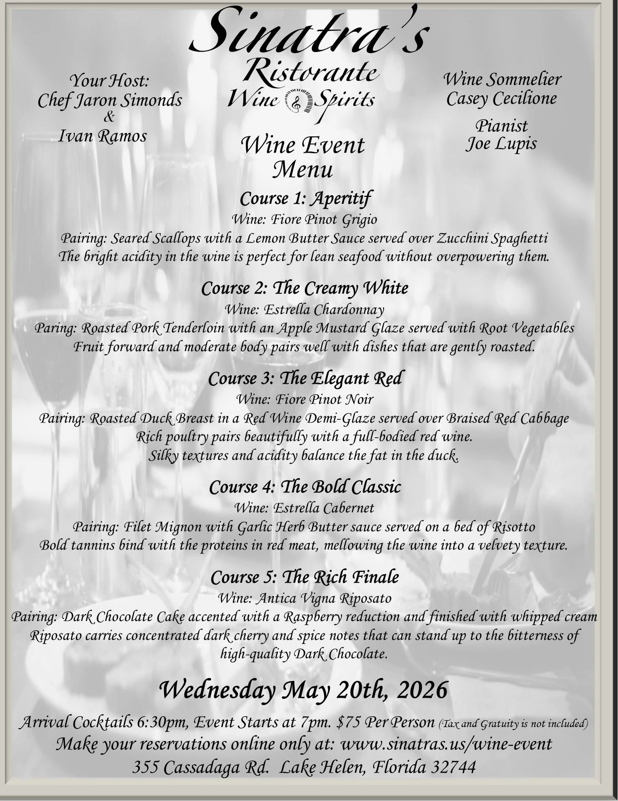 Sinatra's Ristorante Wine Event menu with five courses paired with wines, hosted in Florida.