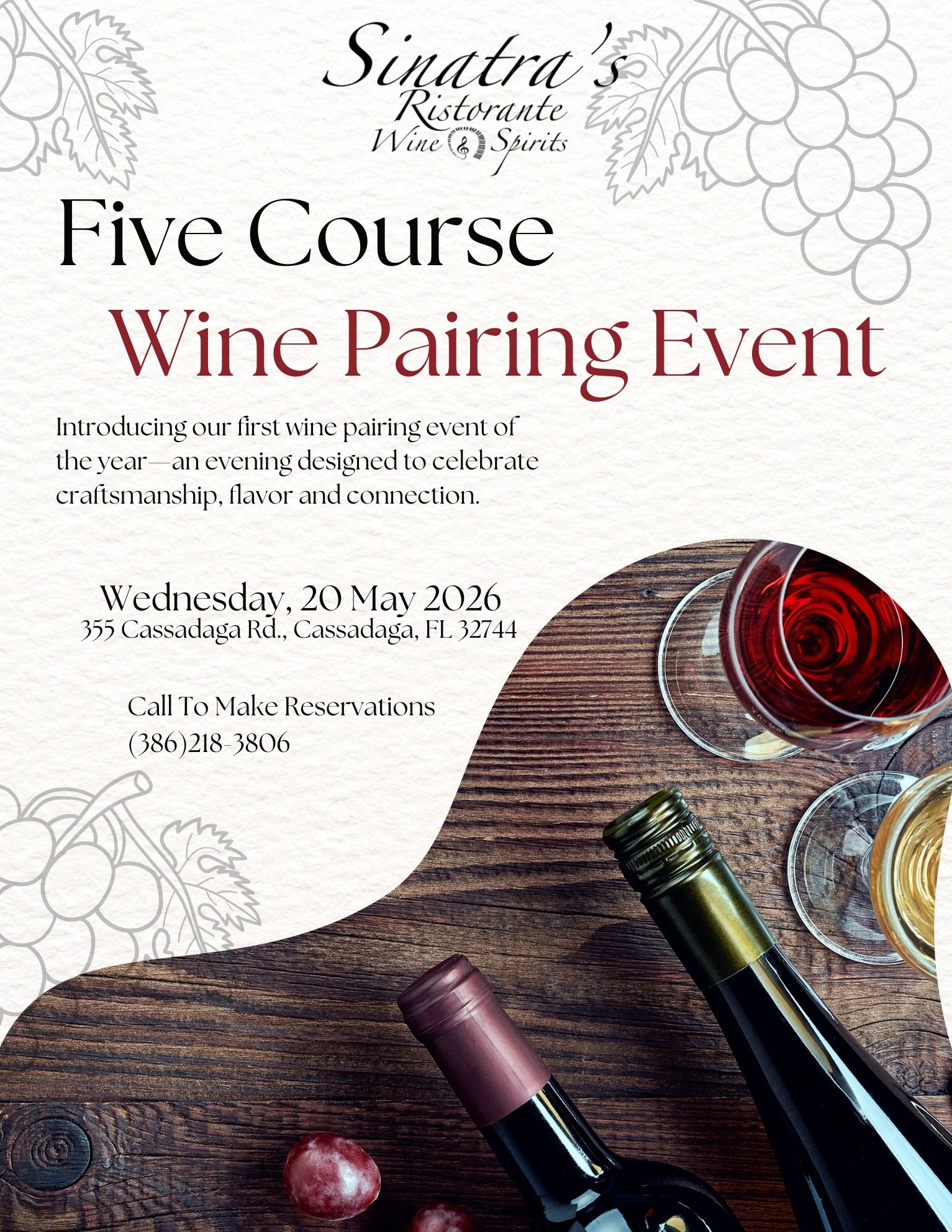 Five Course Wine Pairing Event at Sinatra's Ristorante on 20 May 2026.
