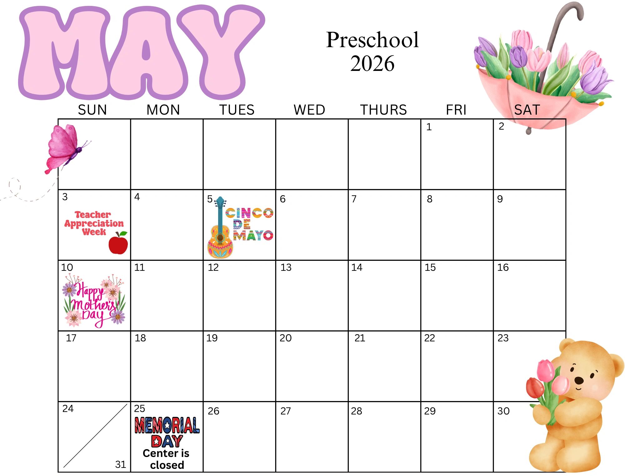 May 2026 preschool calendar with spring-themed illustrations and special days.