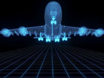 Digital wireframe of an airplane on a grid.
