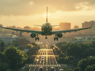 Plane landing over a city road at sunset.