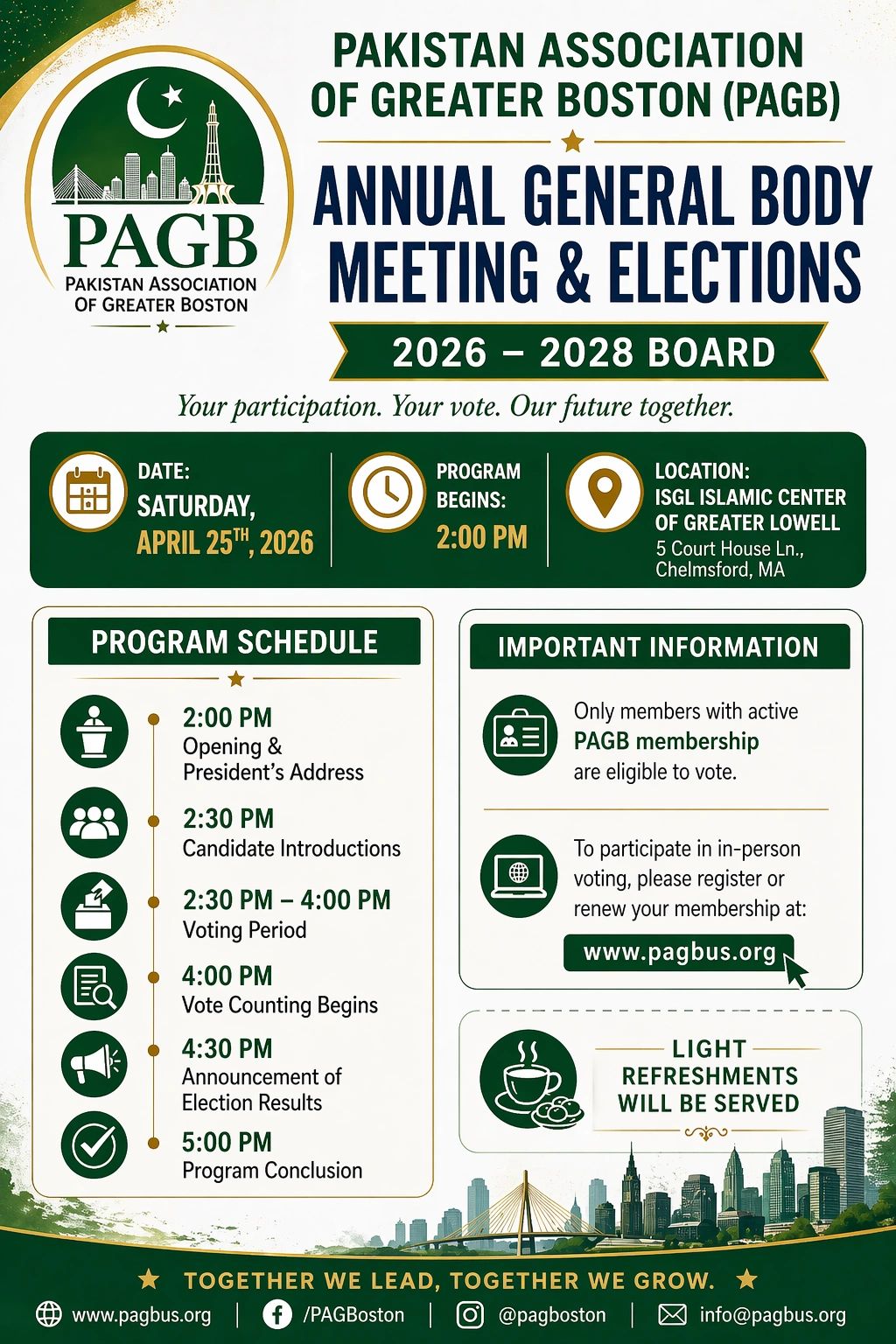 Pakistan Association of Greater Boston annual general body meeting and elections on April 25, 2026.