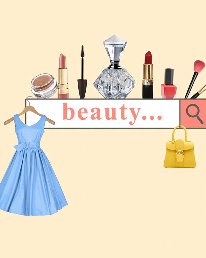 Search bar with beauty items, dress, and handbag on a beige background.