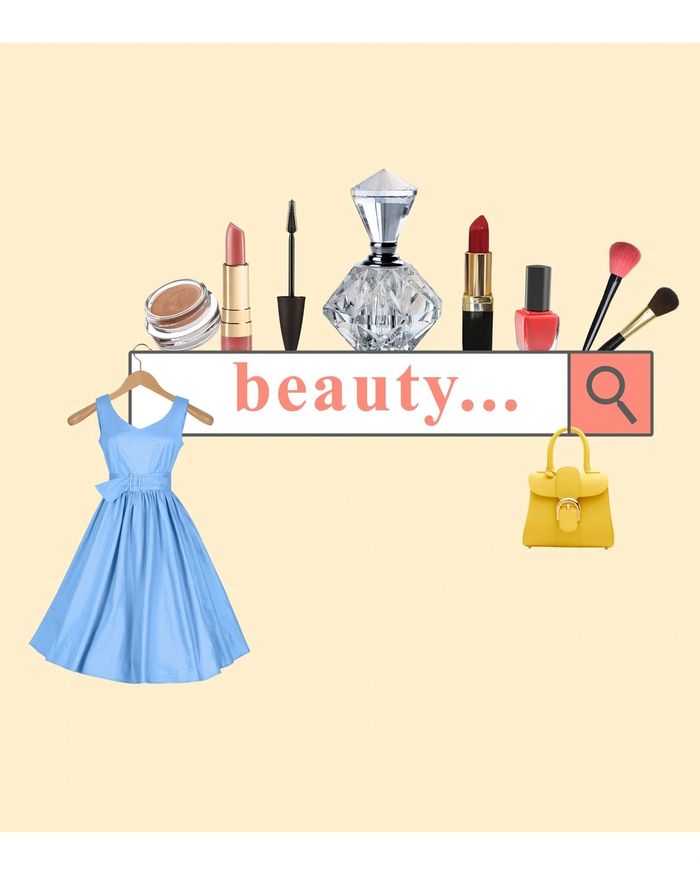 Search bar with beauty items, dress, and handbag on a beige background.