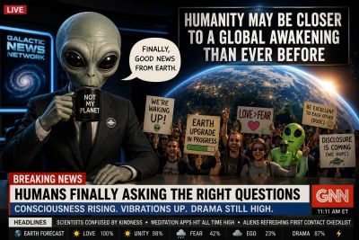 Alien news anchor reports humans asking important questions during a global awakening.